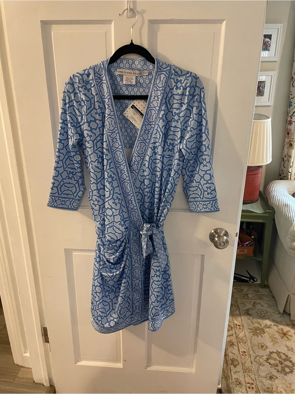 NWT Gretchen Scott Designs Periwinkle Blue and White Geometric Wrap Dress M